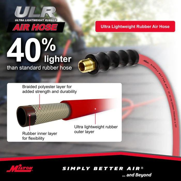 Milton ULR122538 1/2" Ultra Lightweight Rubber Hose, 25' Air Hose w/ 3/8" NPT Male Inlet Thread Ends