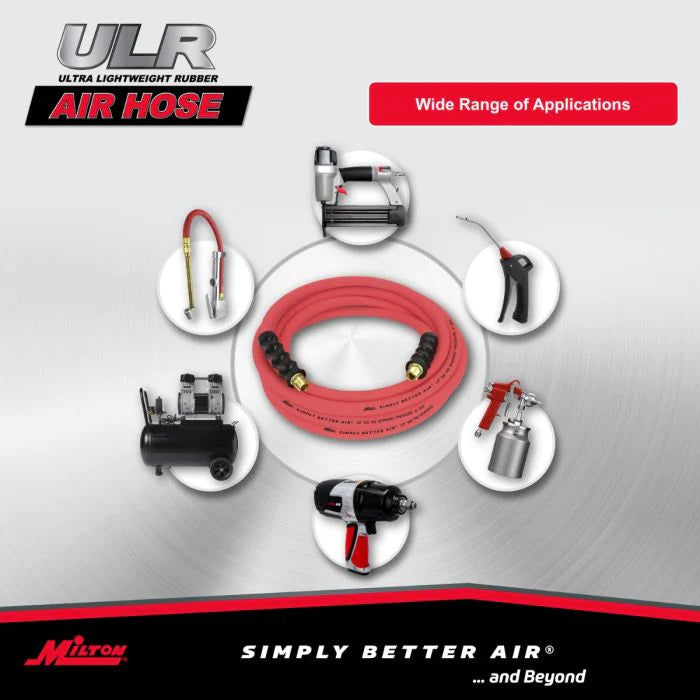 Milton ULR122538 1/2" Ultra Lightweight Rubber Hose, 25' Air Hose w/ 3/8" NPT Male Inlet Thread Ends