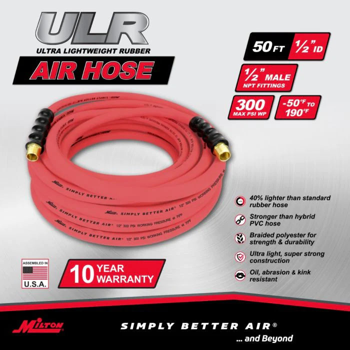 Milton ULR125012 1/2" Ultra Lightweight Rubber Hose, 50' Air Hose w/ 1/2" NPT Male Inlet Thread Ends