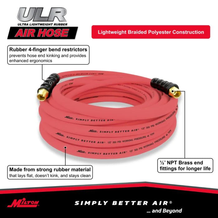 Milton ULR125012 1/2" Ultra Lightweight Rubber Hose, 50' Air Hose w/ 1/2" NPT Male Inlet Thread Ends