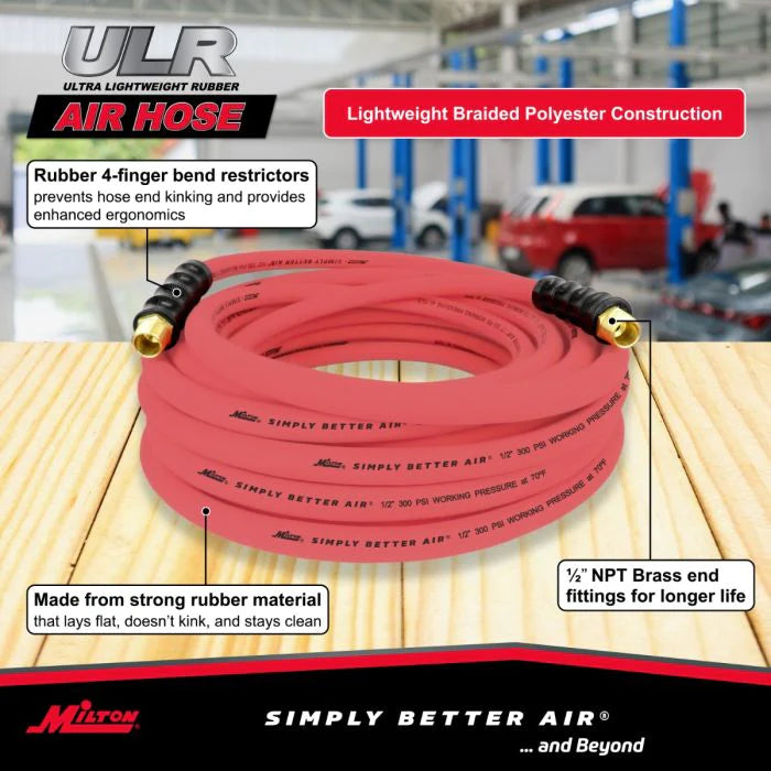 Milton ULR125012 1/2" Ultra Lightweight Rubber Hose, 50' Air Hose w/ 1/2" NPT Male Inlet Thread Ends