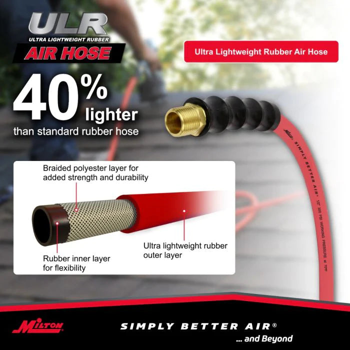 Milton ULR125012 1/2" Ultra Lightweight Rubber Hose, 50' Air Hose w/ 1/2" NPT Male Inlet Thread Ends