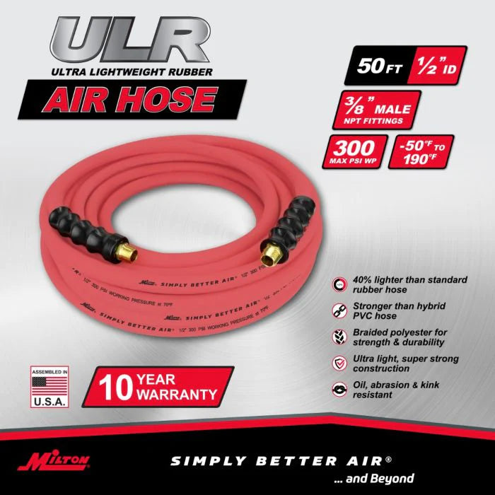 Milton ULR125038 1/2" Ultra Lightweight Rubber Hose, 50' Air Hose w/ 3/8" NPT Male Inlet Thread Ends