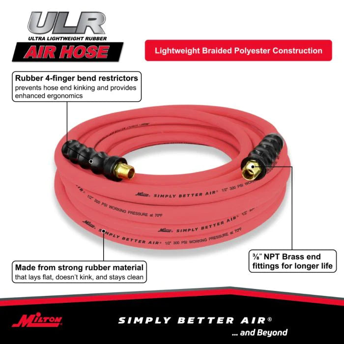 Milton ULR125038 1/2" Ultra Lightweight Rubber Hose, 50' Air Hose w/ 3/8" NPT Male Inlet Thread Ends