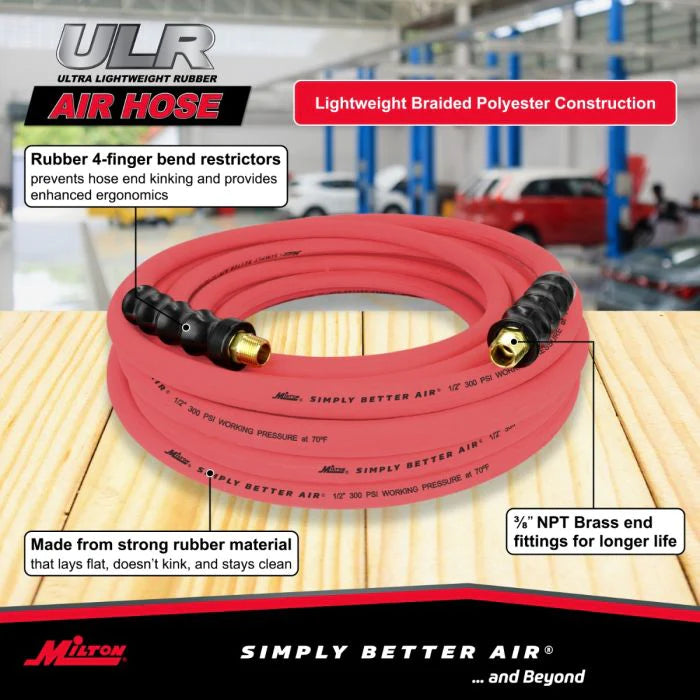 Milton ULR125038 1/2" Ultra Lightweight Rubber Hose, 50' Air Hose w/ 3/8" NPT Male Inlet Thread Ends