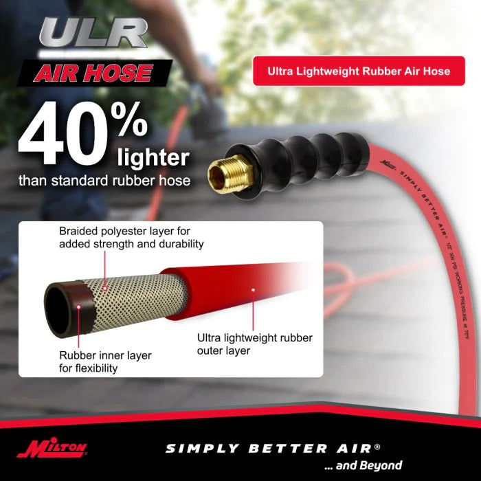 Milton ULR125038 1/2" Ultra Lightweight Rubber Hose, 50' Air Hose w/ 3/8" NPT Male Inlet Thread Ends