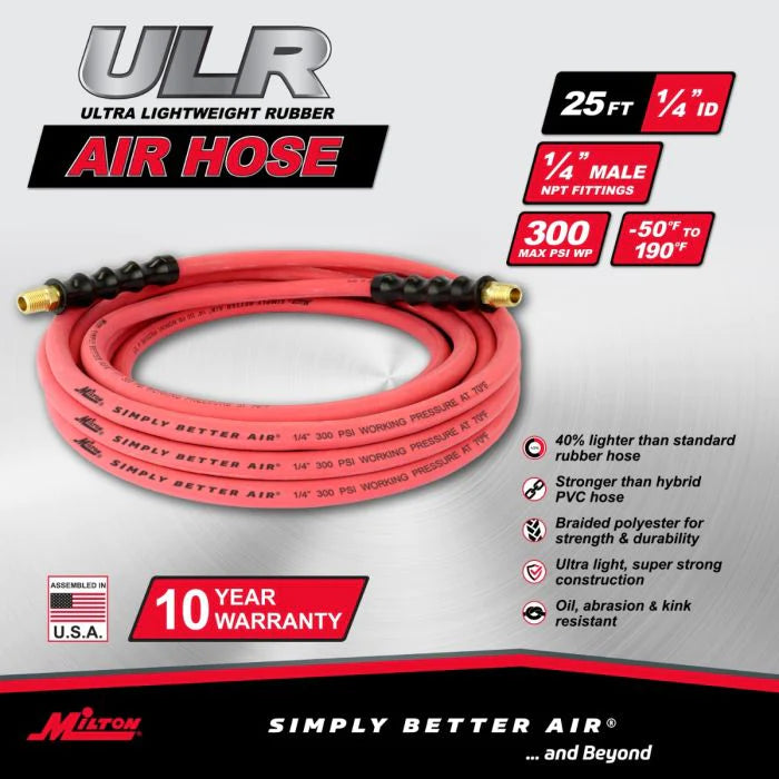 Milton ULR142514 1/4" Ultra Lightweight Rubber Hose, 25' Air Hose w/ 1/4" NPT Male Inlet Thread Ends