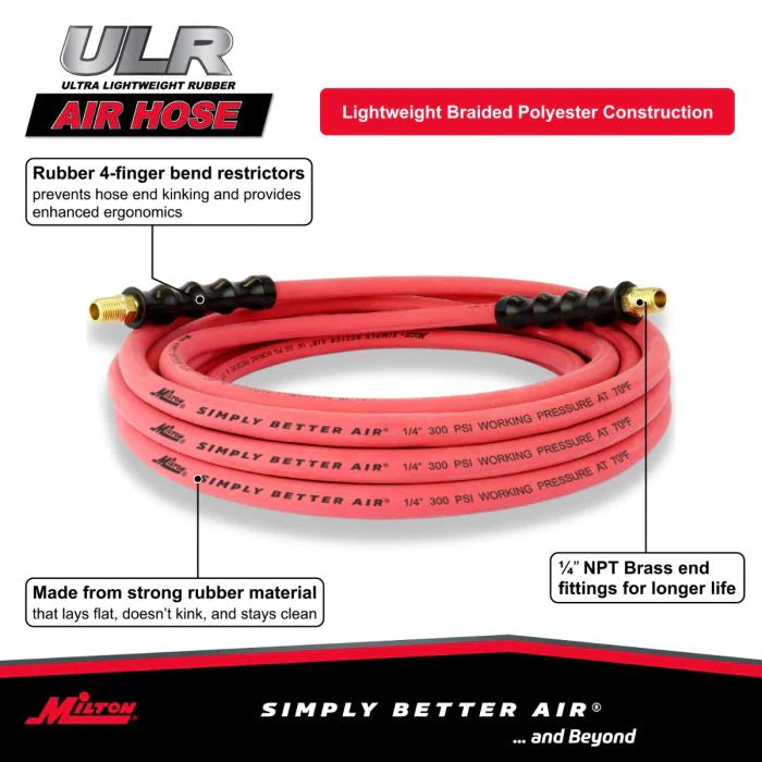 Milton ULR142514 1/4" Ultra Lightweight Rubber Hose, 25' Air Hose w/ 1/4" NPT Male Inlet Thread Ends