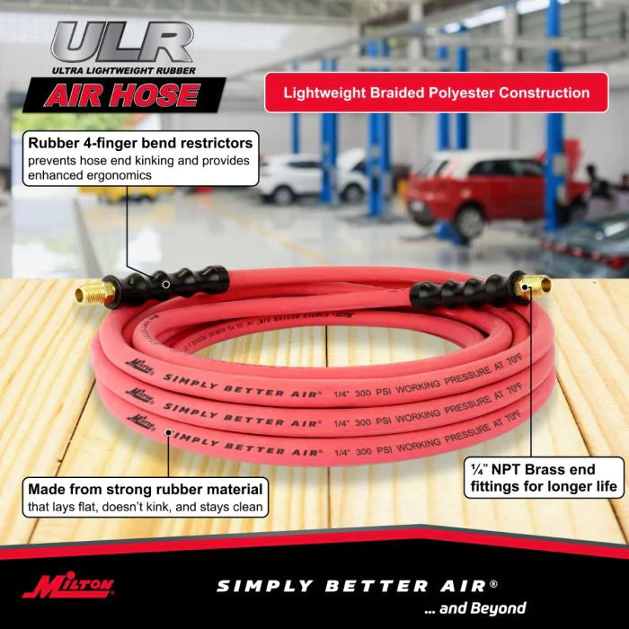 Milton ULR142514 1/4" Ultra Lightweight Rubber Hose, 25' Air Hose w/ 1/4" NPT Male Inlet Thread Ends