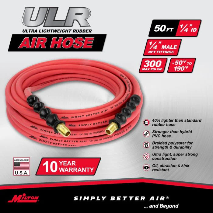 Milton ULR145014 1/4" Ultra Lightweight Rubber Hose, 50' Air Hose w/ 1/4" NPT Male Inlet Thread Ends