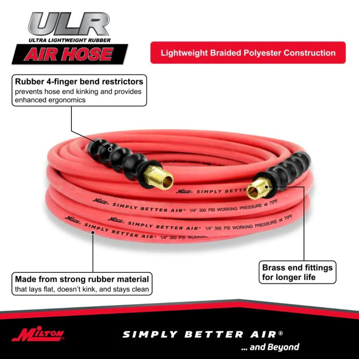 Milton ULR145014 1/4" Ultra Lightweight Rubber Hose, 50' Air Hose w/ 1/4" NPT Male Inlet Thread Ends