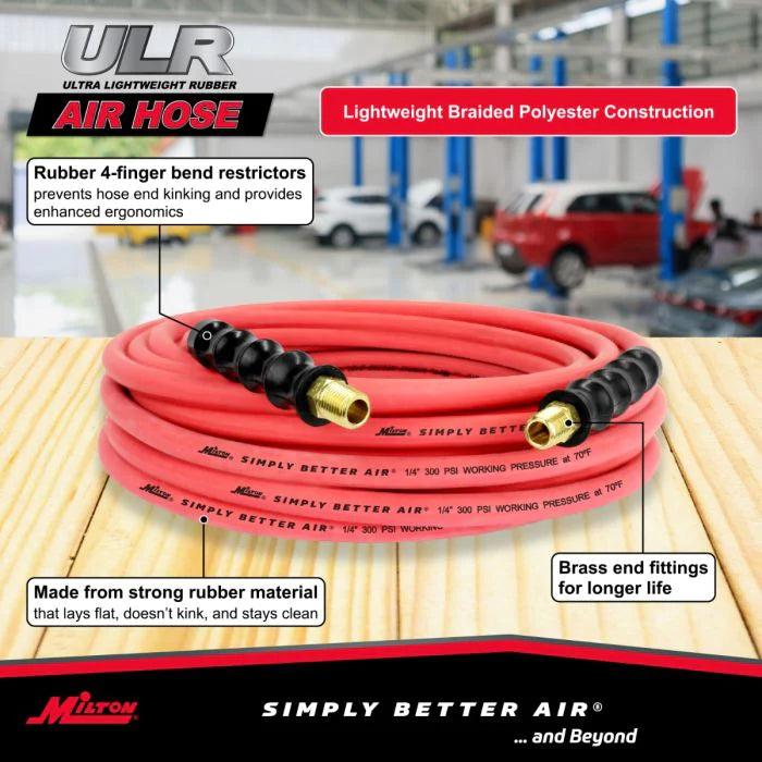 Milton ULR145014 1/4" Ultra Lightweight Rubber Hose, 50' Air Hose w/ 1/4" NPT Male Inlet Thread Ends