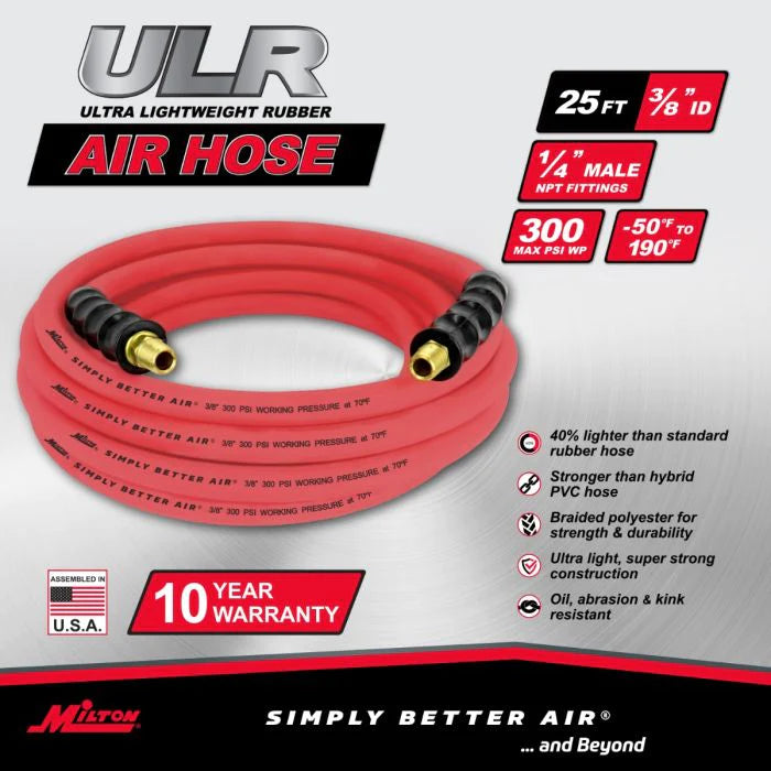 Milton ULR3810038 3/8" Ultra Lightweight Rubber Hose, 100' Air Hose w/ 3/8" NPT Male Inlet Thread Ends