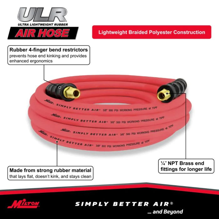 Milton ULR382514 3/8" Ultra Lightweight Rubber Hose, 25' Air Hose w/ 1/4" NPT Male Inlet Thread Ends