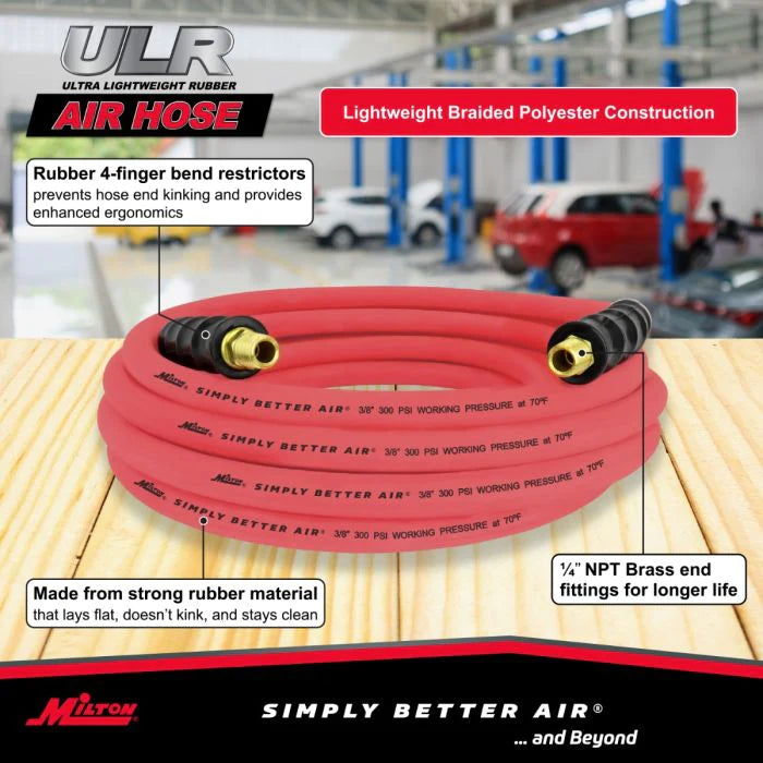 Milton ULR3810038 3/8" Ultra Lightweight Rubber Hose, 100' Air Hose w/ 3/8" NPT Male Inlet Thread Ends