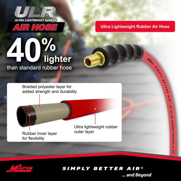 Milton ULR3810038 3/8" Ultra Lightweight Rubber Hose, 100' Air Hose w/ 3/8" NPT Male Inlet Thread Ends