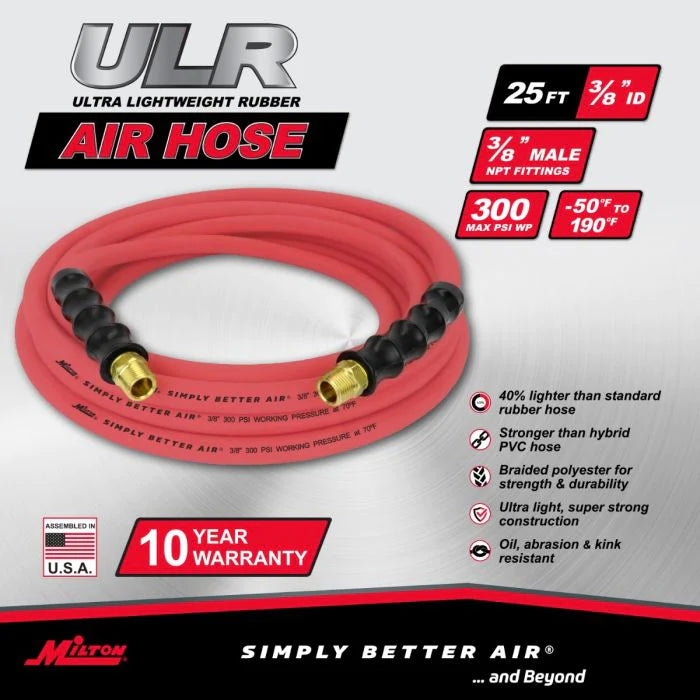 Milton ULR382538 3/8" Ultra Lightweight Rubber Hose, 25' Air Hose w/ 3/8" NPT Male Inlet Thread Ends