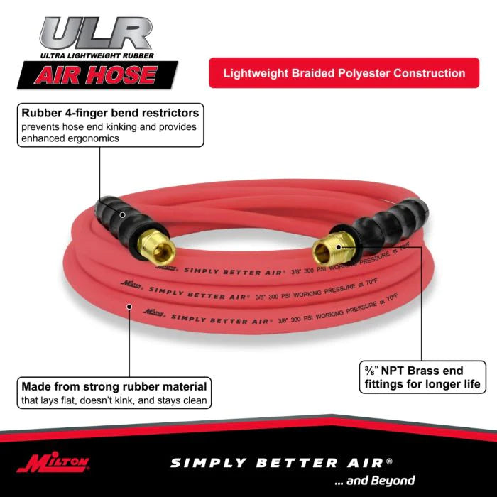 Milton ULR382538 3/8" Ultra Lightweight Rubber Hose, 25' Air Hose w/ 3/8" NPT Male Inlet Thread Ends