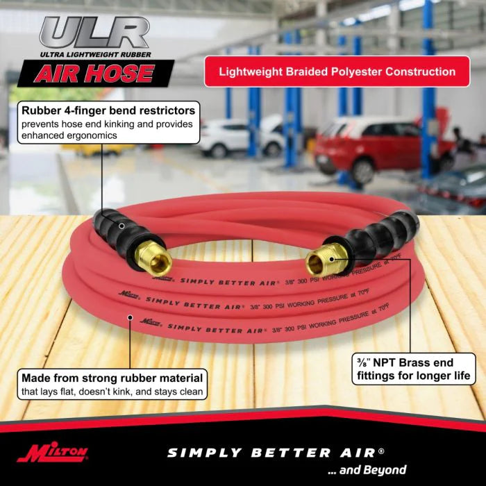 Milton ULR382538 3/8" Ultra Lightweight Rubber Hose, 25' Air Hose w/ 3/8" NPT Male Inlet Thread Ends