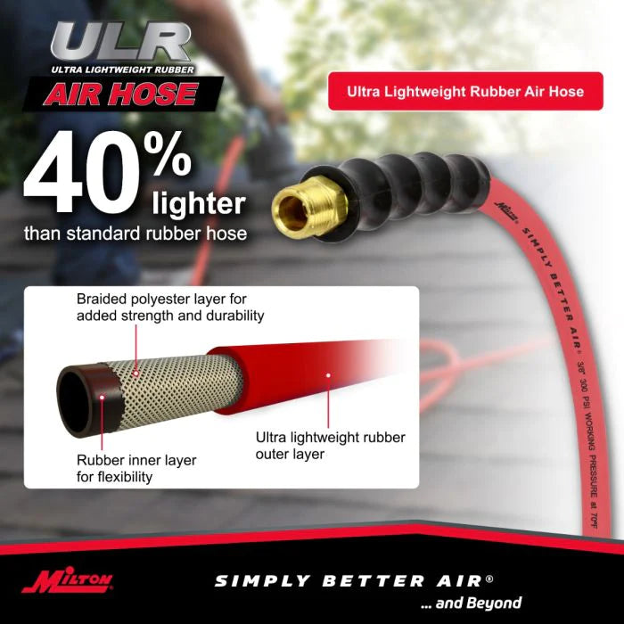 Milton ULR382538 3/8" Ultra Lightweight Rubber Hose, 25' Air Hose w/ 3/8" NPT Male Inlet Thread Ends