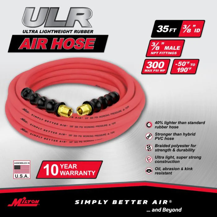 Milton ULR383538 3/8" Ultra Lightweight Rubber Hose, 35' Air Hose w/ 3/8" NPT Male Inlet Thread Ends