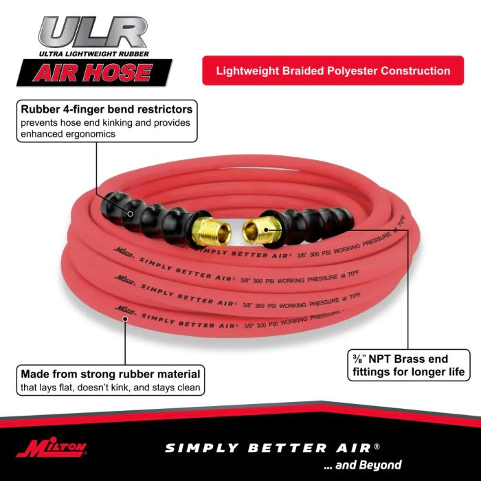 Milton ULR383538 3/8" Ultra Lightweight Rubber Hose, 35' Air Hose w/ 3/8" NPT Male Inlet Thread Ends