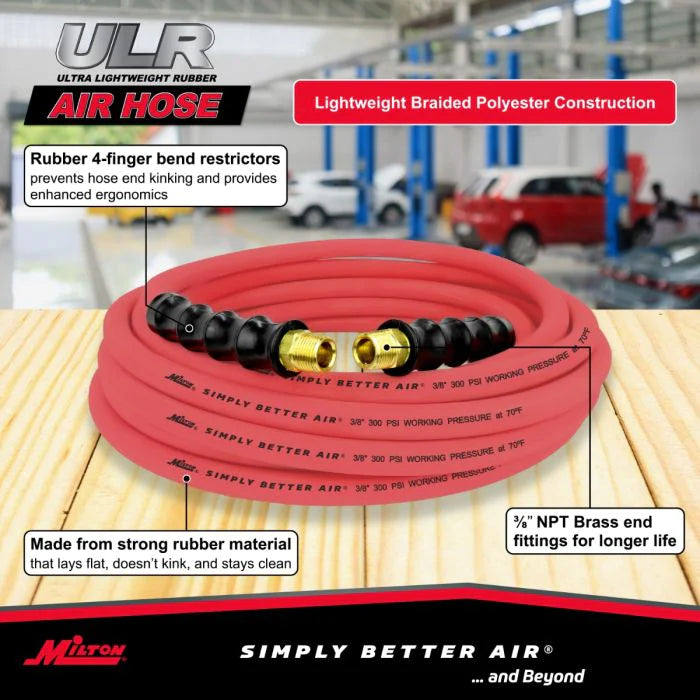 Milton ULR383538 3/8" Ultra Lightweight Rubber Hose, 35' Air Hose w/ 3/8" NPT Male Inlet Thread Ends