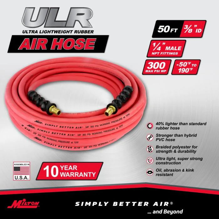 Milton ULR385014 3/8" Ultra Lightweight Rubber Hose, 50' Air Hose w/ 1/4" NPT Male Inlet Thread Ends