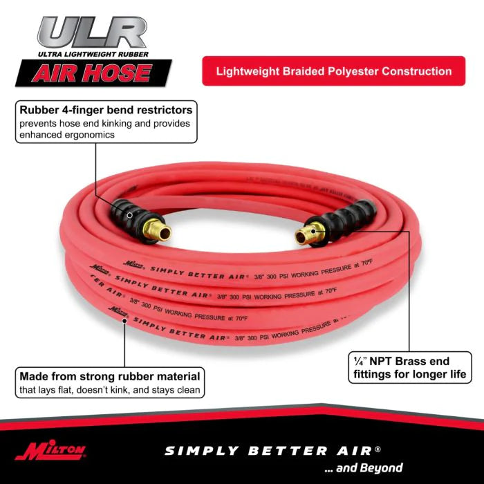 Milton ULR385014 3/8" Ultra Lightweight Rubber Hose, 50' Air Hose w/ 1/4" NPT Male Inlet Thread Ends