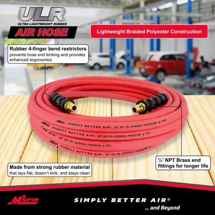 Milton ULR385014 3/8" Ultra Lightweight Rubber Hose, 50' Air Hose w/ 1/4" NPT Male Inlet Thread Ends