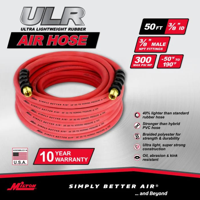 Milton ULR385038 3/8" Ultra Lightweight Rubber Hose, 50' Air Hose w/ 3/8" NPT Male Inlet Thread Ends