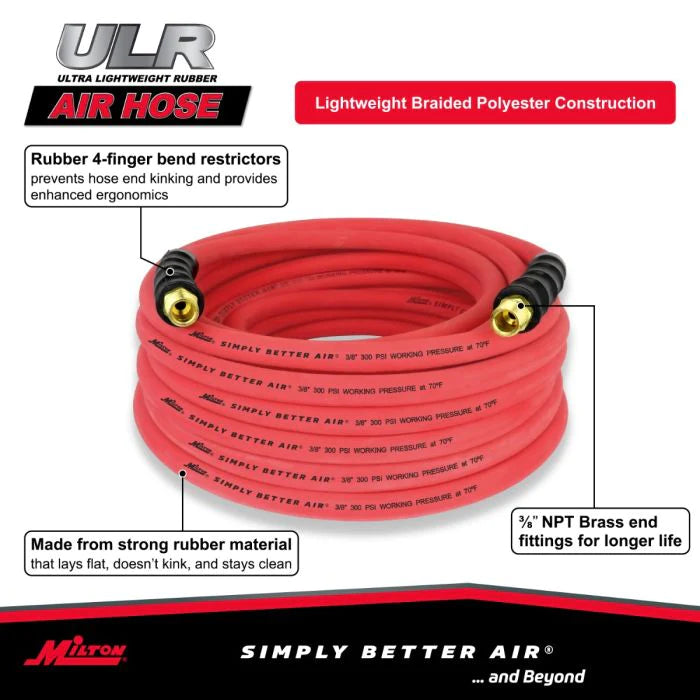 Milton ULR385038 3/8" Ultra Lightweight Rubber Hose, 50' Air Hose w/ 3/8" NPT Male Inlet Thread Ends