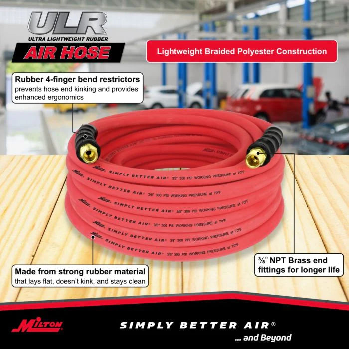 Milton ULR385038 3/8" Ultra Lightweight Rubber Hose, 50' Air Hose w/ 3/8" NPT Male Inlet Thread Ends