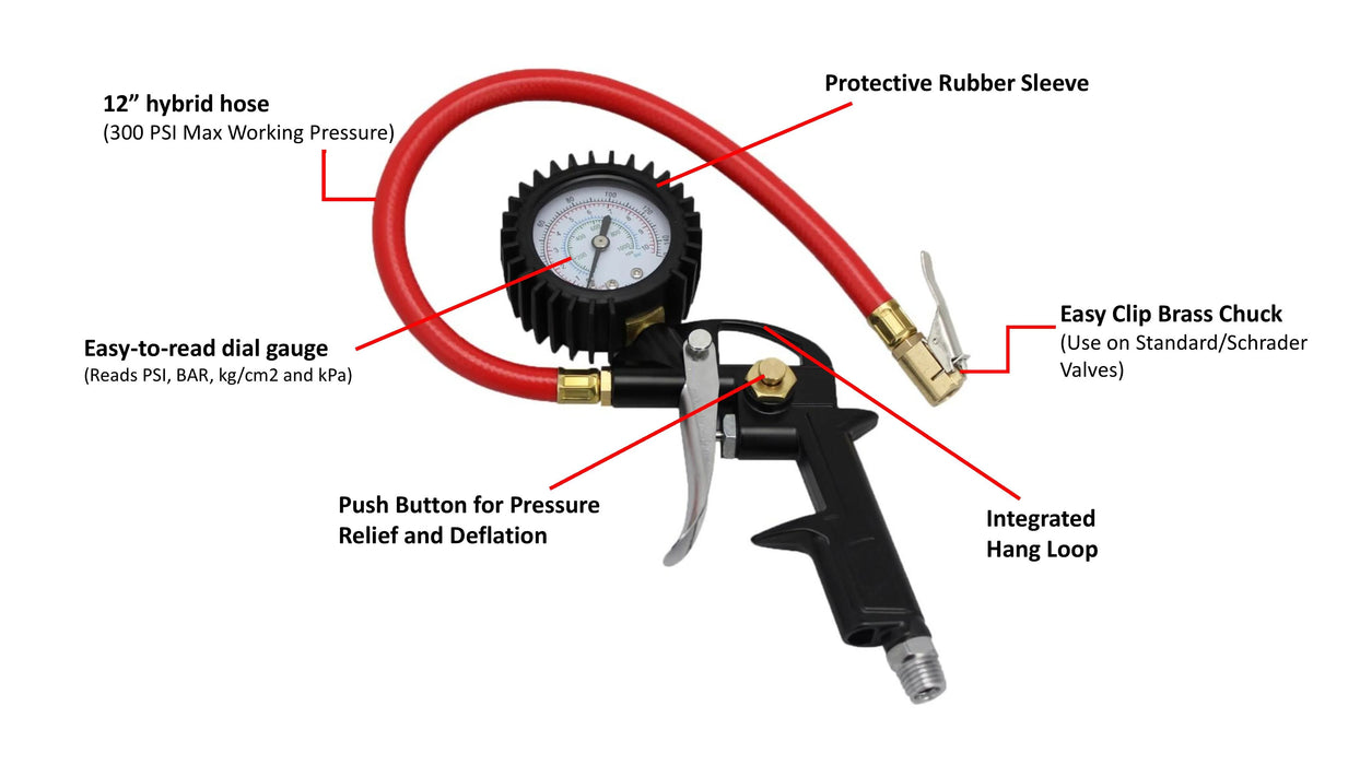 Milton  EX0500P EXELAIR® Analog Pistol Grip Tire Inflator/Deflator Gauge, 13" Air Hose and Easy-Clip Chuck