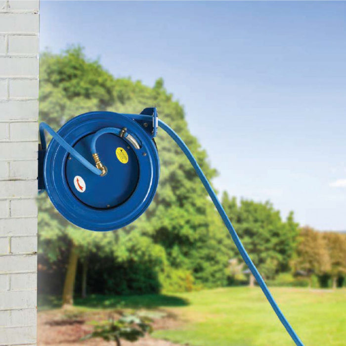 BluBird AG-Lite 100% Rubber 3/4" X 65' Water Hose XL Dual Arm 18 Gauge Retractable Reel. 3/4" Male and Female GHT Fittings. 500 PSI Burst Rating. Includes 6' Lead In Hose and Nozzle ALWRDA3465