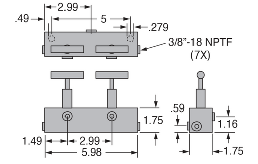 Freedom Hydraulics 6" Long Manifold Block With 2 Needle Valves, 1 IN - 2 OUT, 3/8" NPTF - MANN2 - Empire Lube Equipment