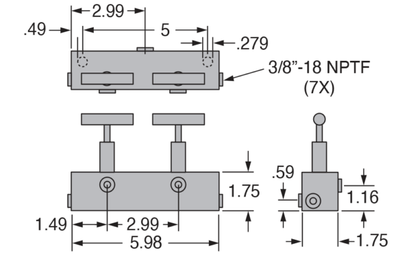 Freedom Hydraulics 6" Long Manifold Block With 2 Needle Valves, 1 IN - 2 OUT, 3/8" NPTF - MANN2 - Empire Lube Equipment