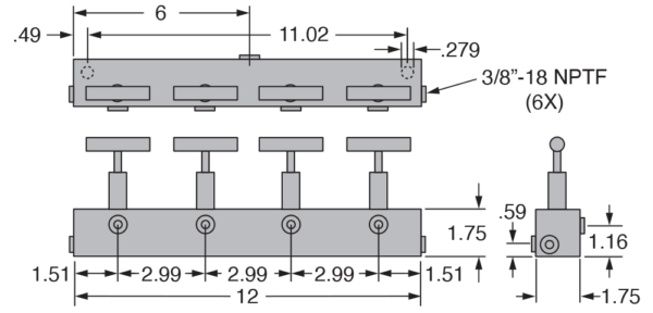 Freedom Hydraulics 12" Long Manifold Block with 4 Needle Valves, 1 IN - 4 OUT, 3/8" NPTF - MANN4 - Empire Lube Equipment